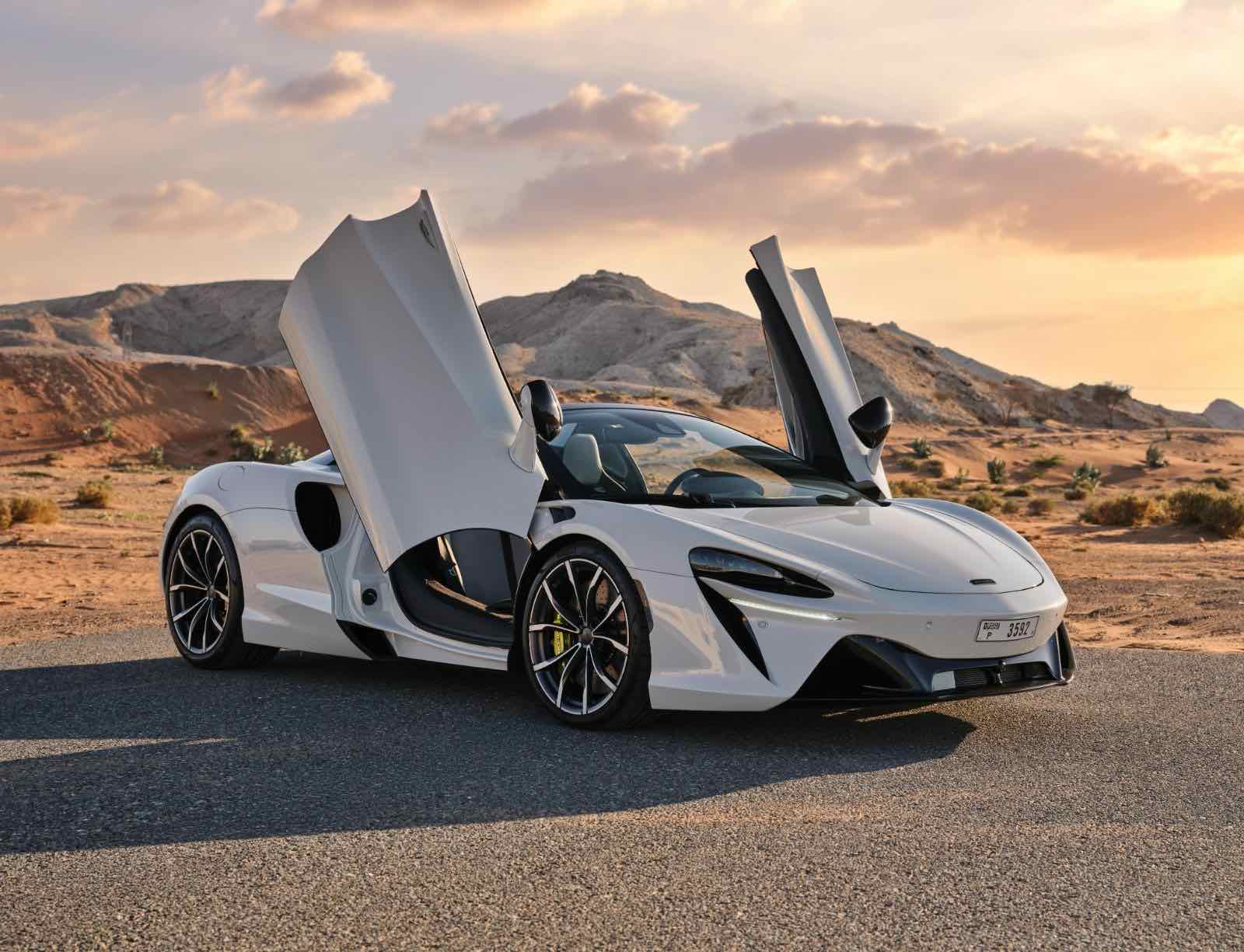 McLaren Artura Spyder White, luxury car rental in Dubai